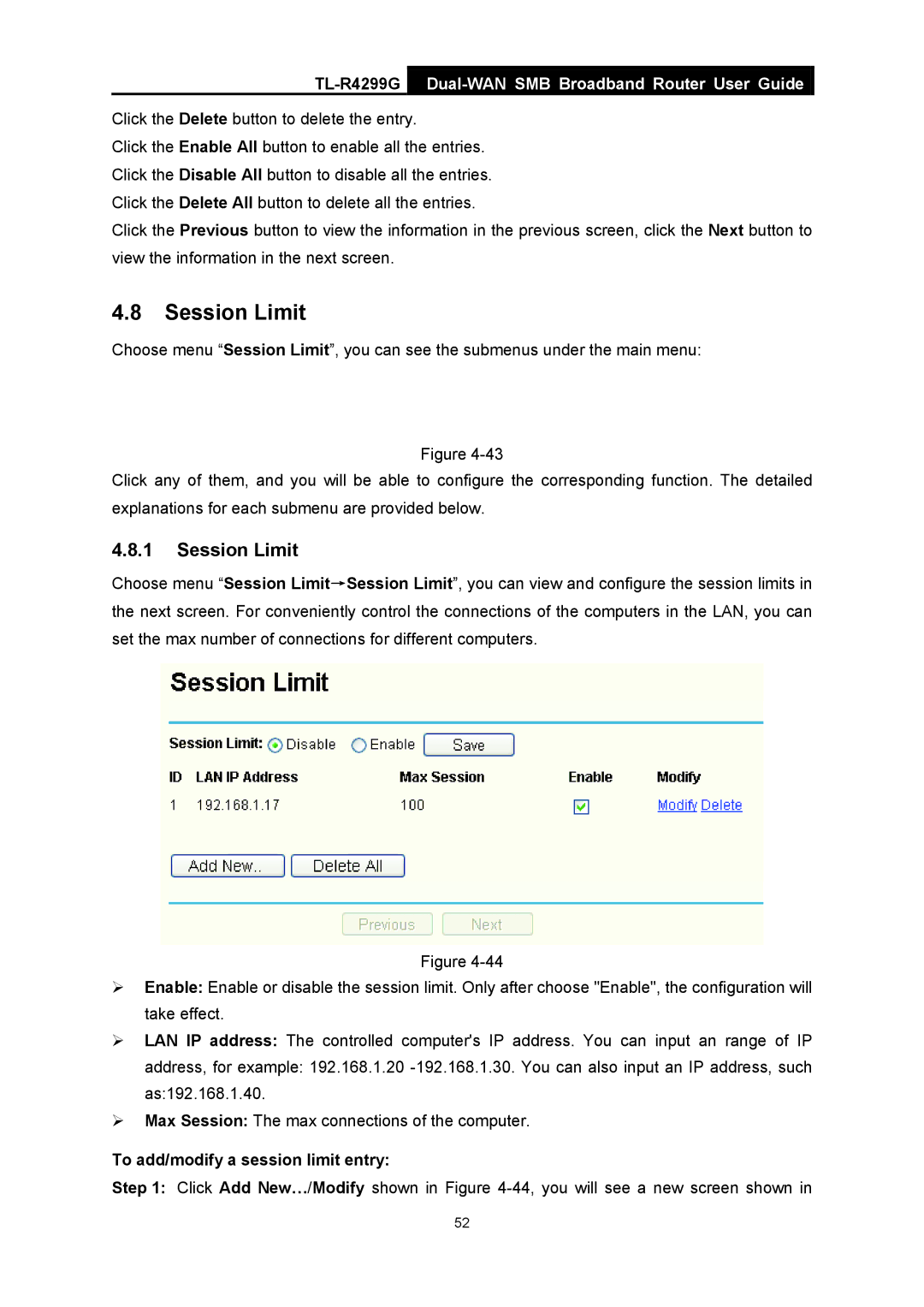 TP-Link TL-R4299G manual Session Limit, To add/modify a session limit entry 