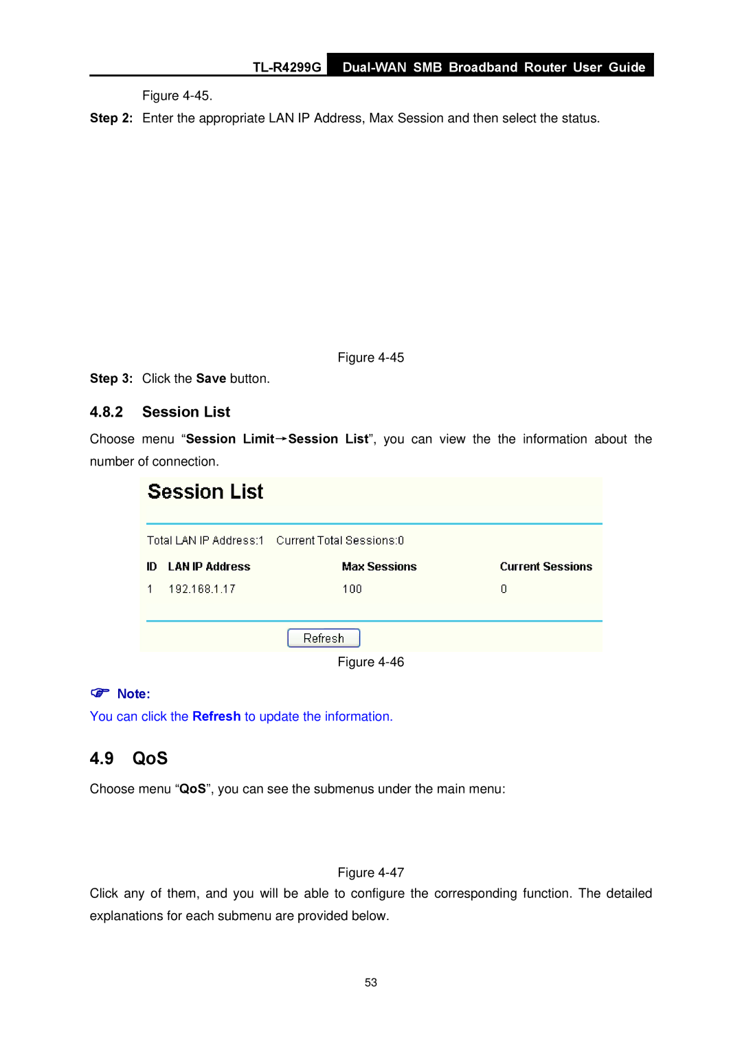 TP-Link TL-R4299G manual QoS, Session List 