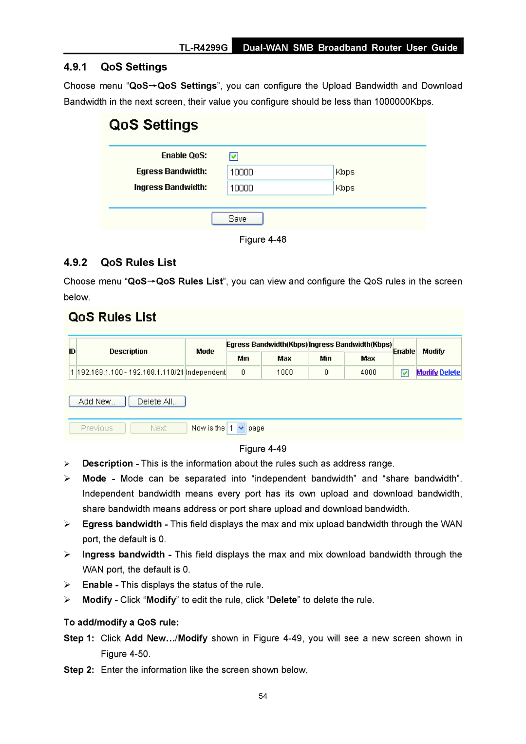 TP-Link TL-R4299G manual QoS Settings, QoS Rules List, To add/modify a QoS rule 