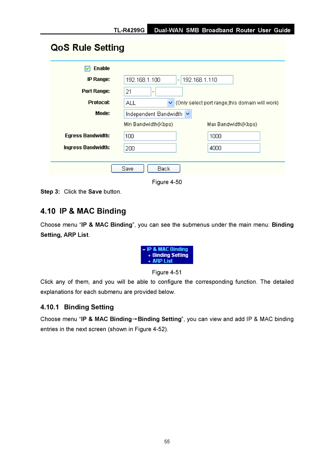 TP-Link TL-R4299G manual 10 IP & MAC Binding, Binding Setting, Setting, ARP List 