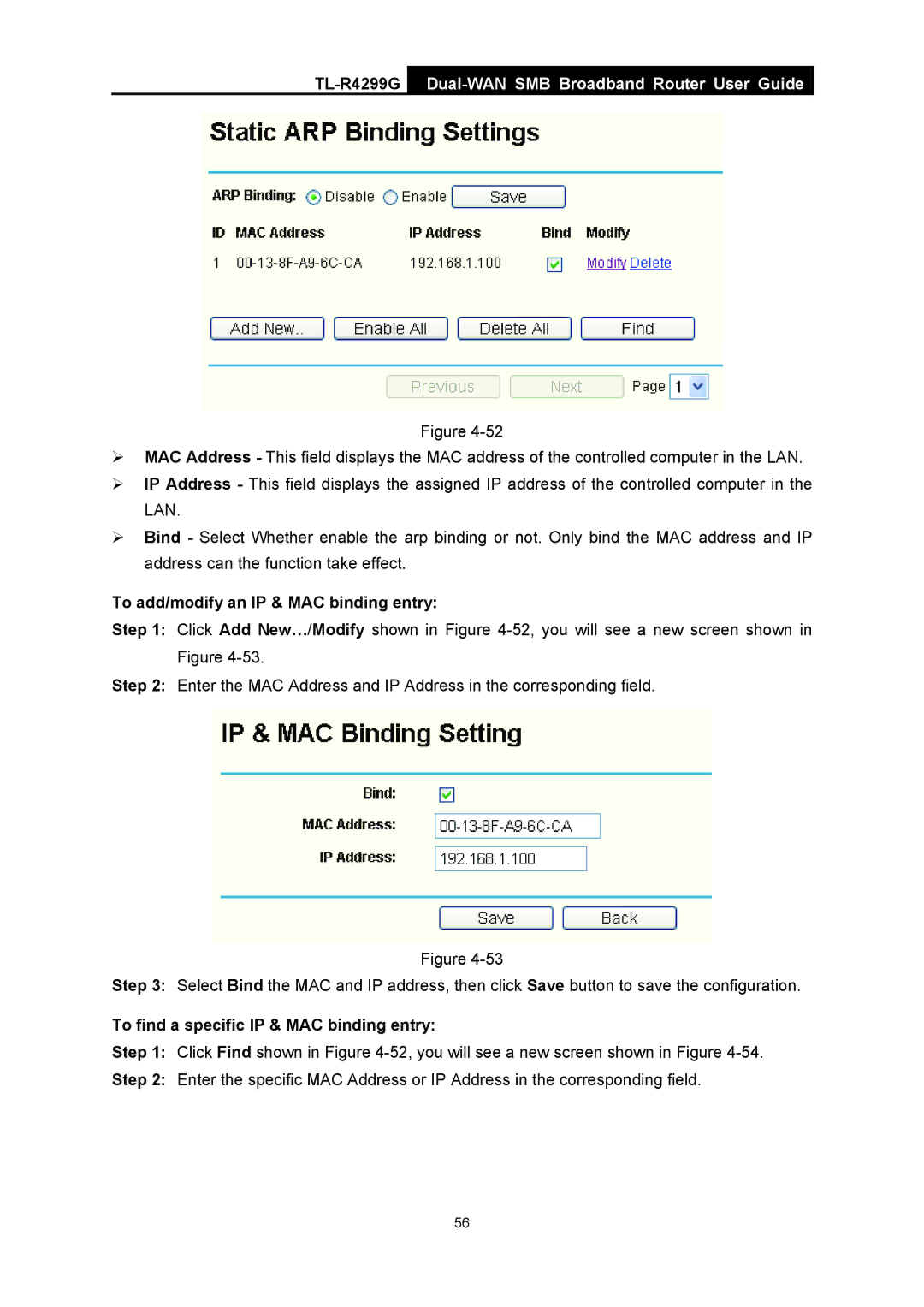 TP-Link TL-R4299G manual To add/modify an IP & MAC binding entry, To find a specific IP & MAC binding entry 