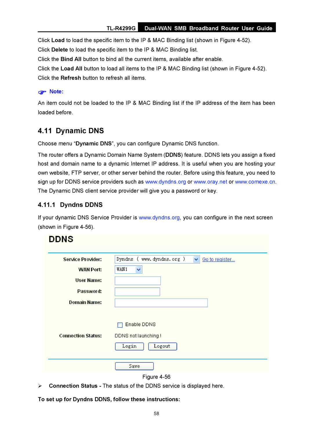 TP-Link TL-R4299G manual Dynamic DNS, Dyndns Ddns, To set up for Dyndns DDNS, follow these instructions 