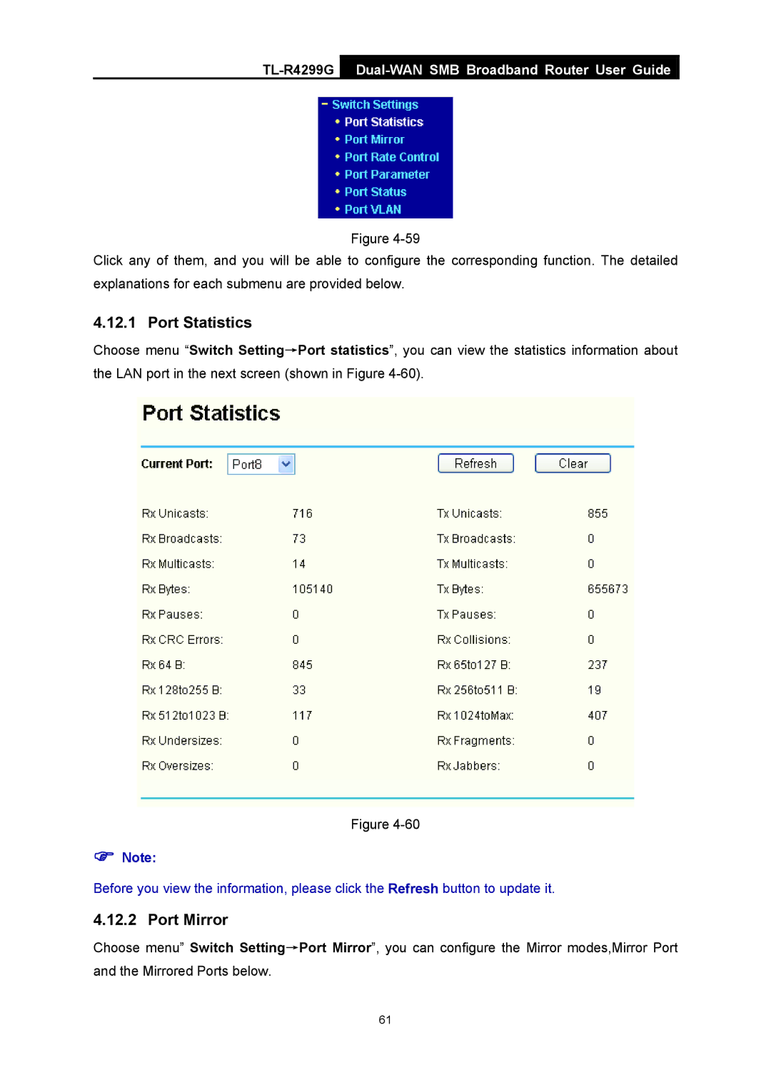 TP-Link TL-R4299G manual Port Statistics, Port Mirror 