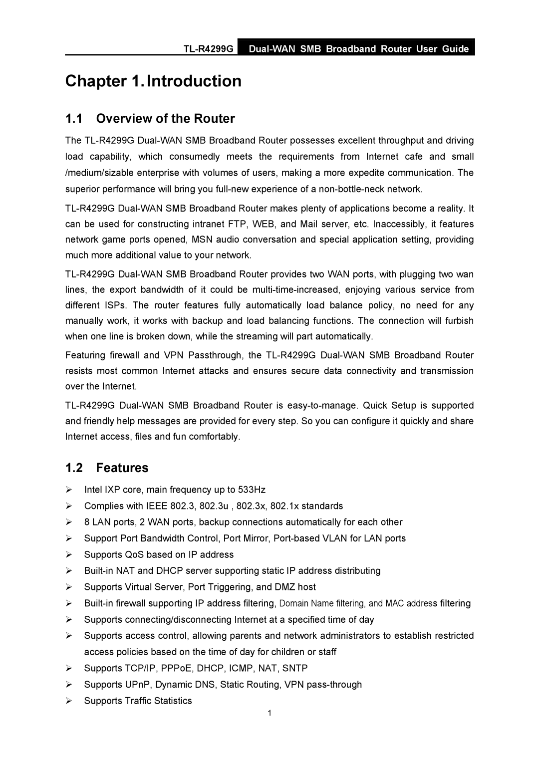 TP-Link TL-R4299G manual Overview of the Router, Features 