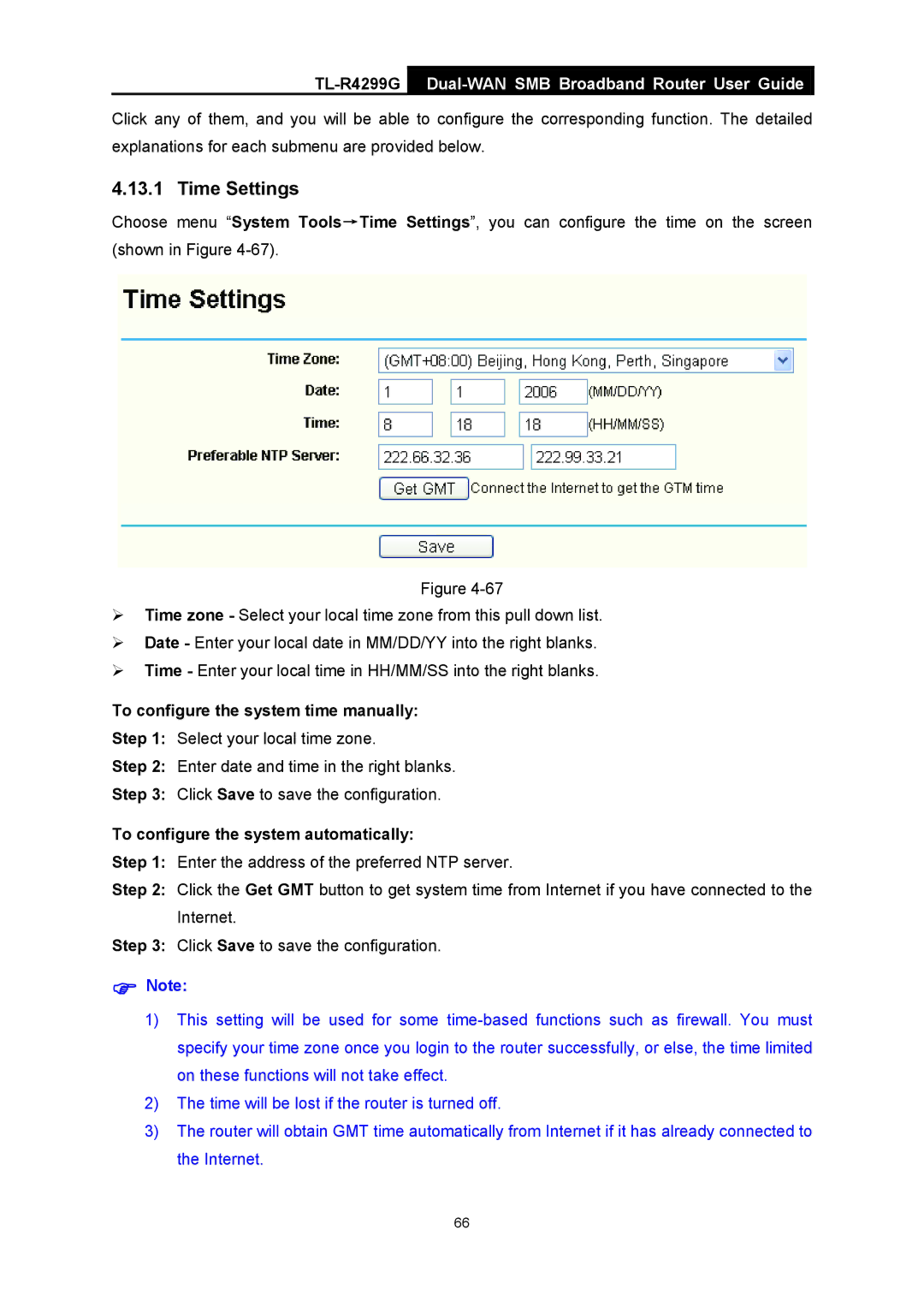 TP-Link TL-R4299G Time Settings, To configure the system time manually, To configure the system automatically 