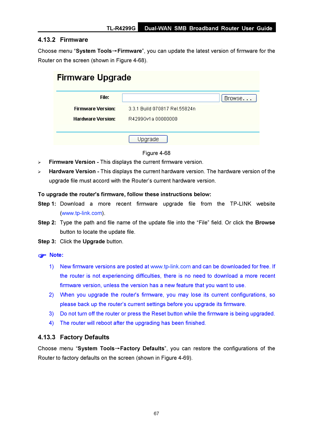 TP-Link TL-R4299G manual Firmware, Factory Defaults 