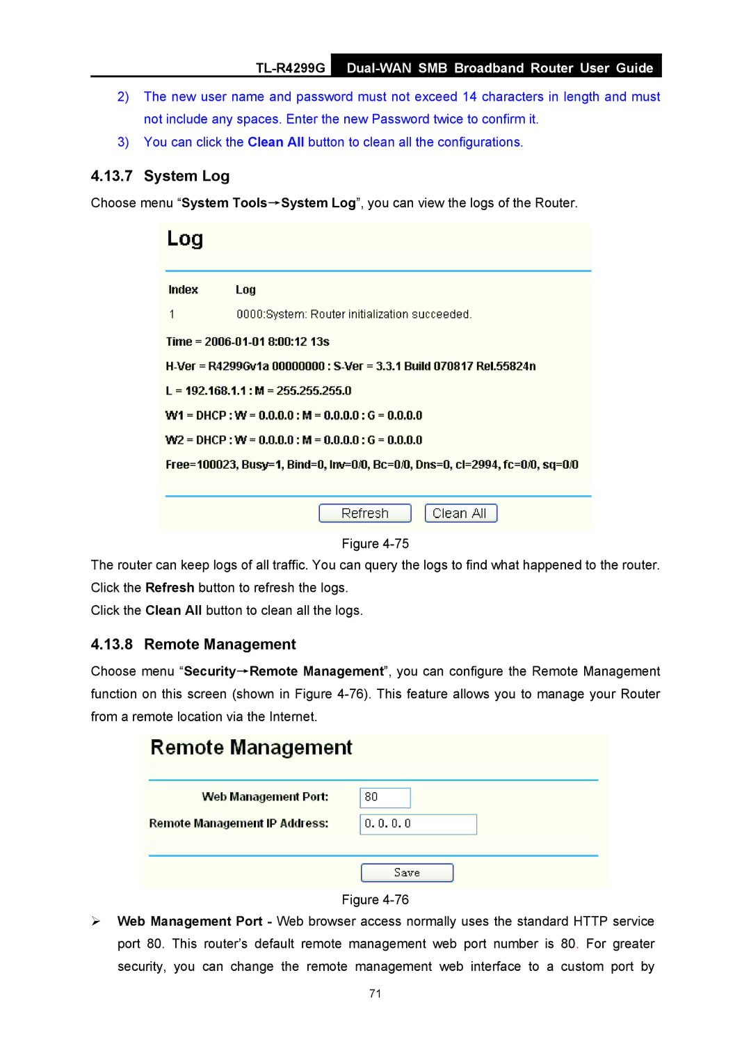 TP-Link TL-R4299G manual System Log, Remote Management 