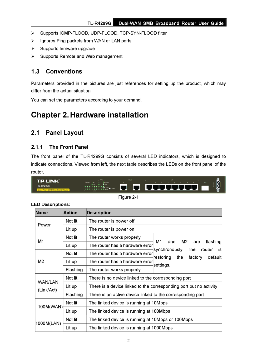 TP-Link TL-R4299G manual Conventions, Panel Layout, Front Panel, LED Descriptions Name Action 