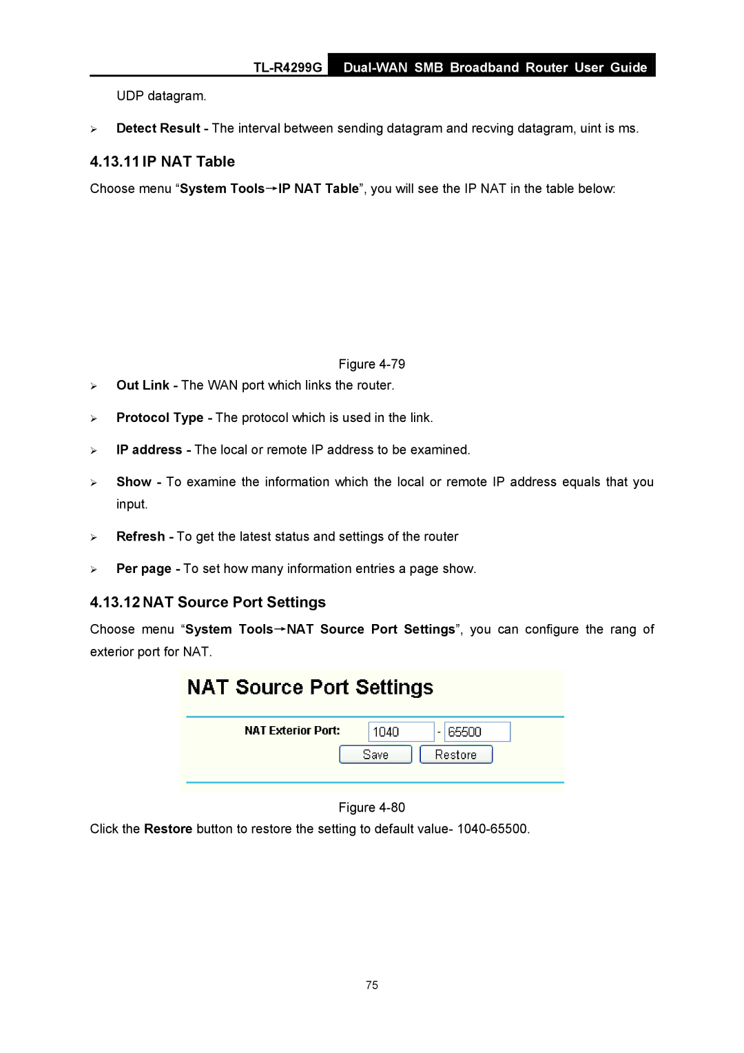 TP-Link TL-R4299G manual IP NAT Table, NAT Source Port Settings 