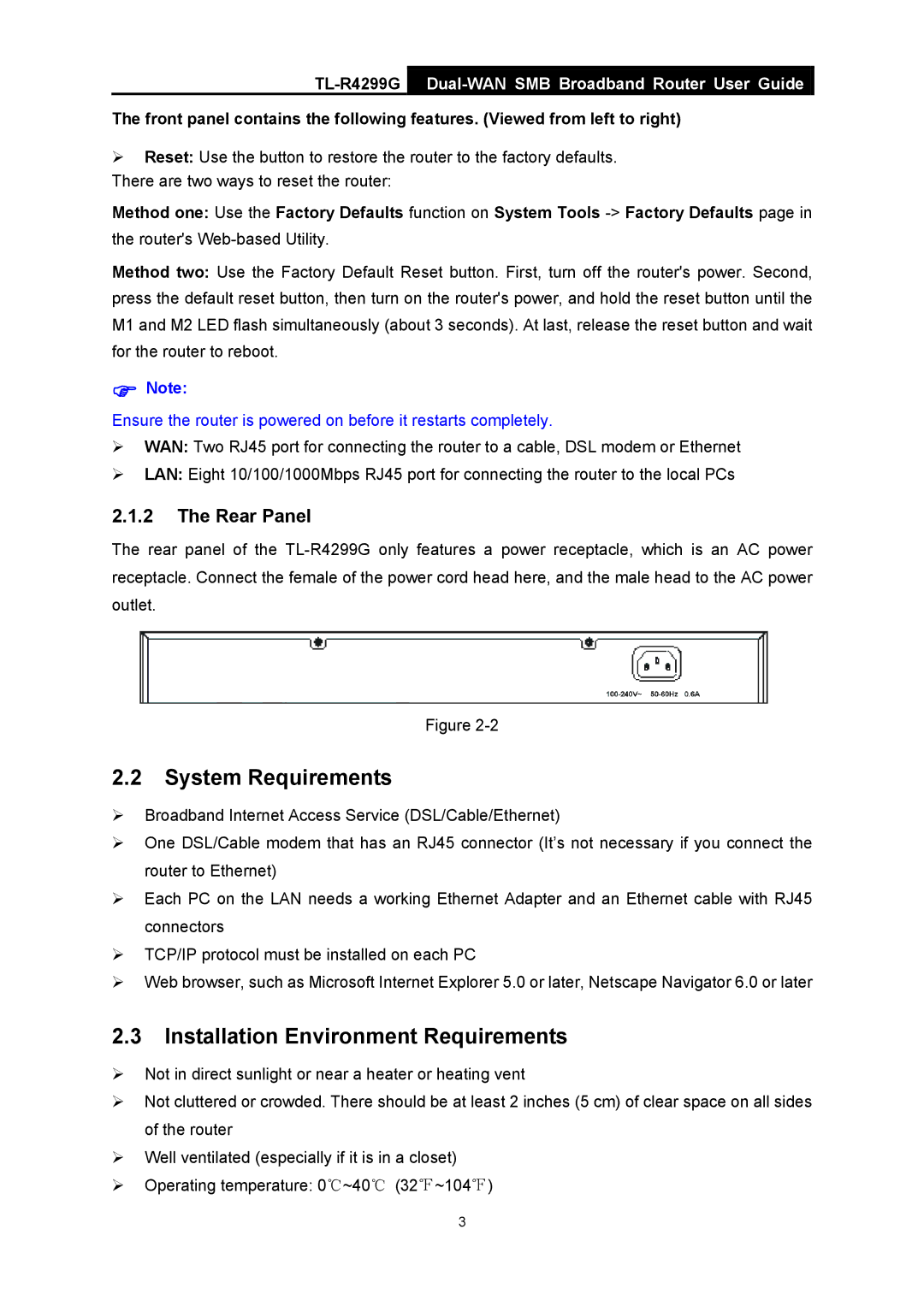 TP-Link TL-R4299G manual System Requirements, Installation Environment Requirements, Rear Panel 