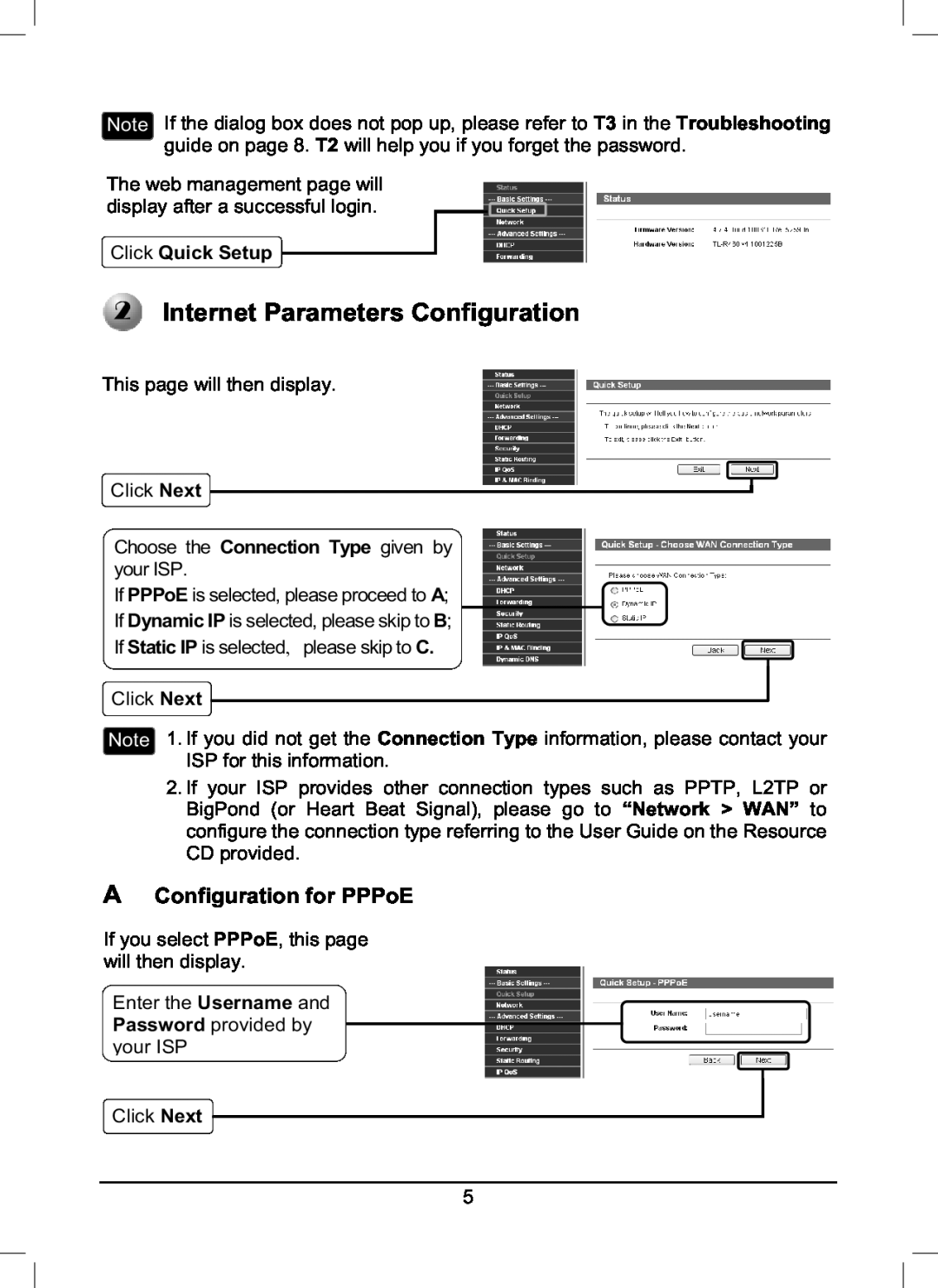 TP-Link TL-R460 manual Internet Parameters Configuration, A Configuration for PPPoE, Click Quick Setup 