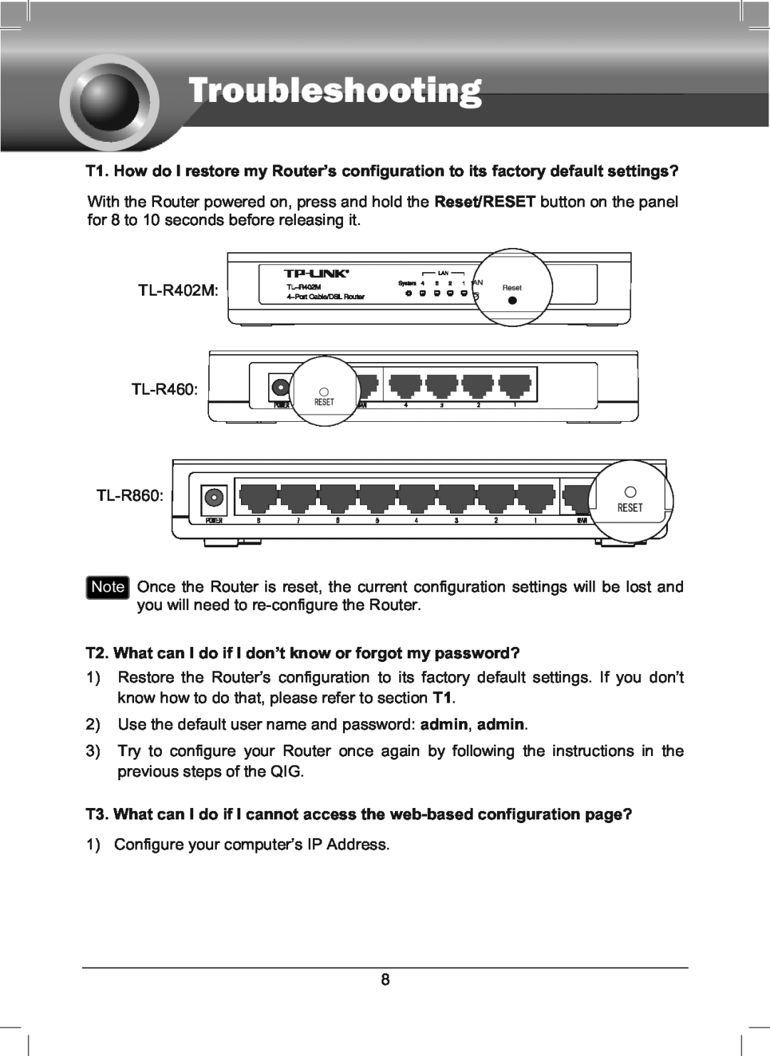 TP-Link TL-R460 manual T2. What can I do if I don’t know or forgot my password? 