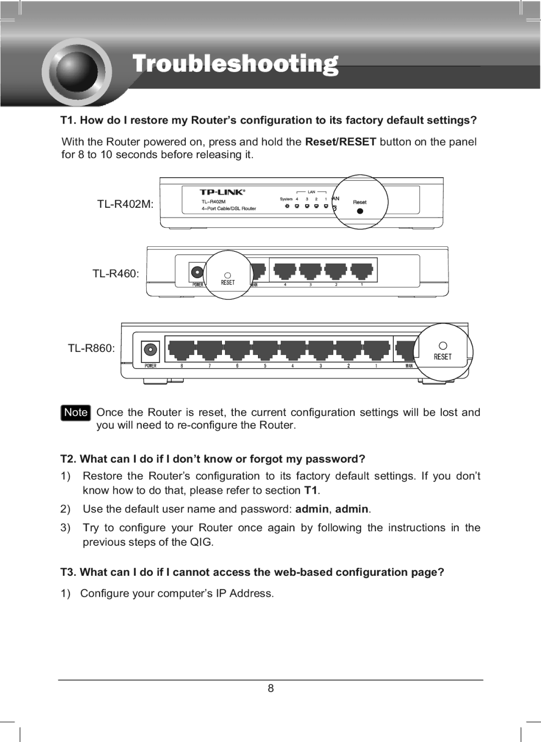 TP-Link TL-R460 manual T2. What can I do if I don’t know or forgot my password? 