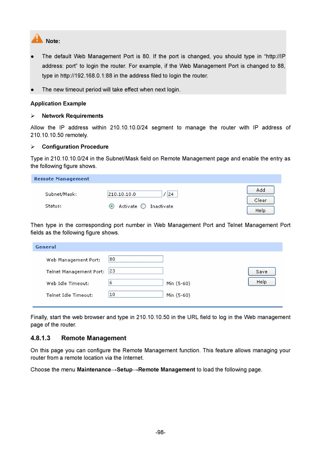 TP-Link TL-R470T+ manual Remote Management, Application Example  Network Requirements 