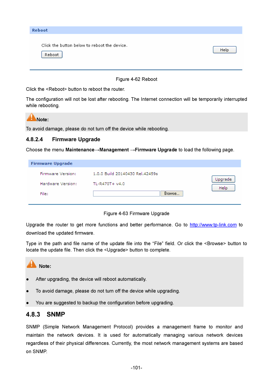 TP-Link TL-R470T+ manual Snmp, Firmware Upgrade 