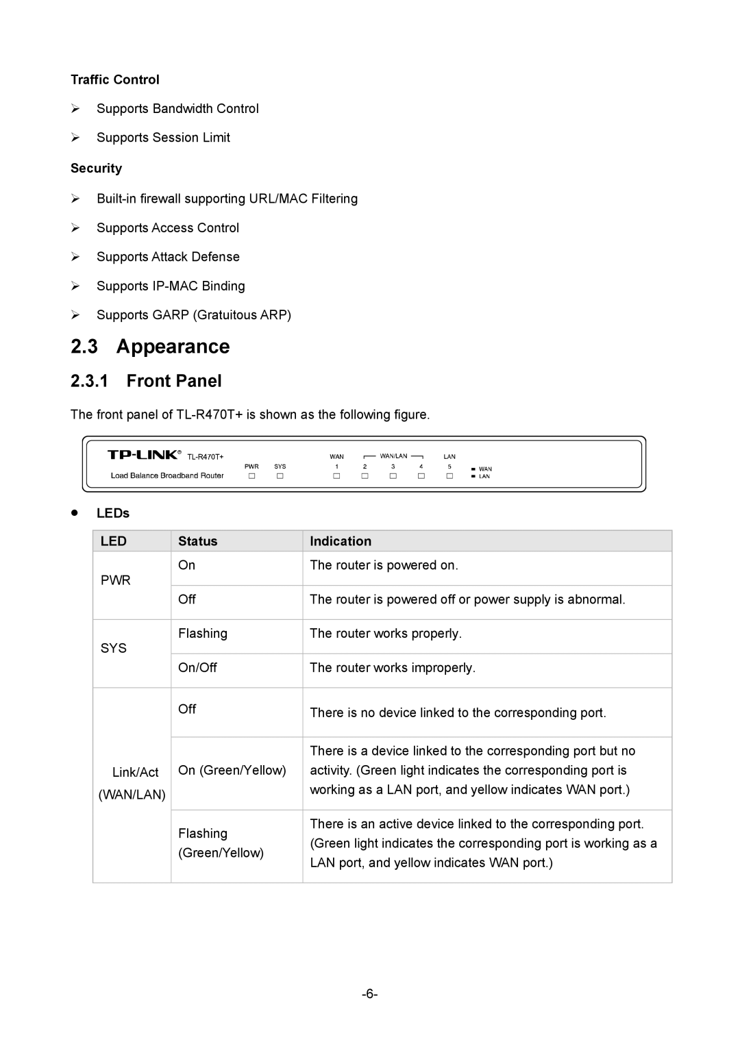 TP-Link TL-R470T+ manual Appearance, Front Panel 