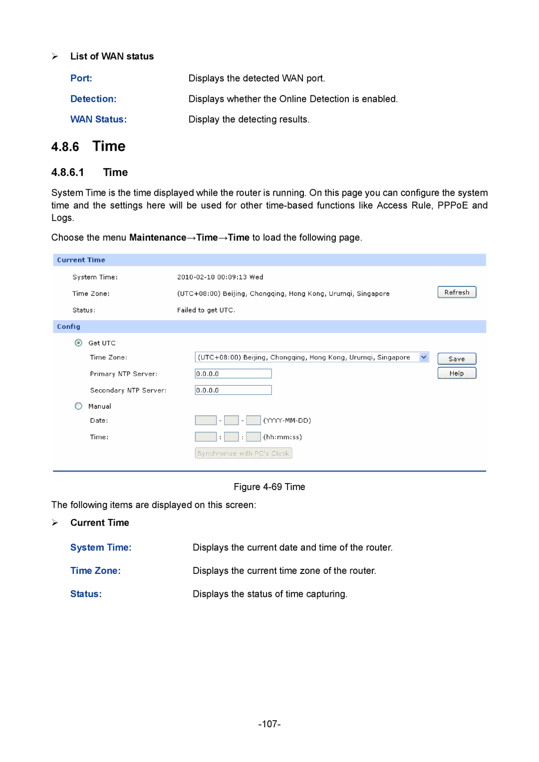 TP-Link TL-R470T+ manual Time, Port Displays the detected WAN port Detection, WAN Status Display the detecting results 