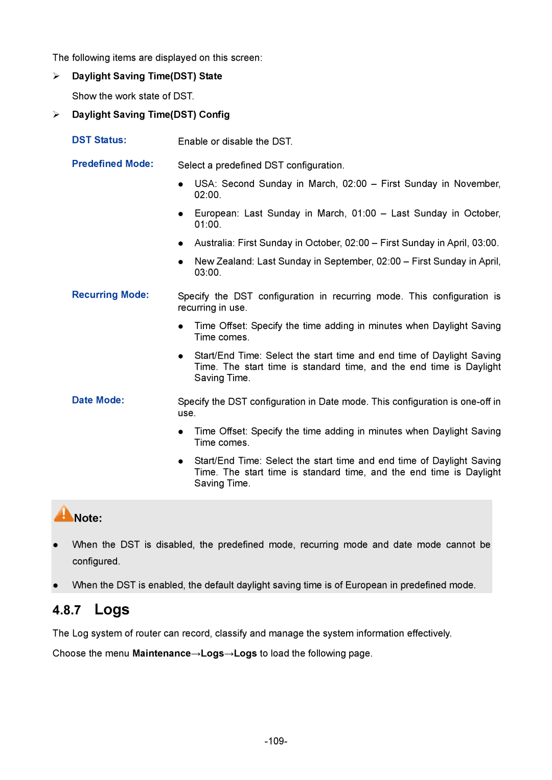 TP-Link TL-R470T+ manual Logs, DST Status, Predefined Mode, Recurring Mode, Date Mode 