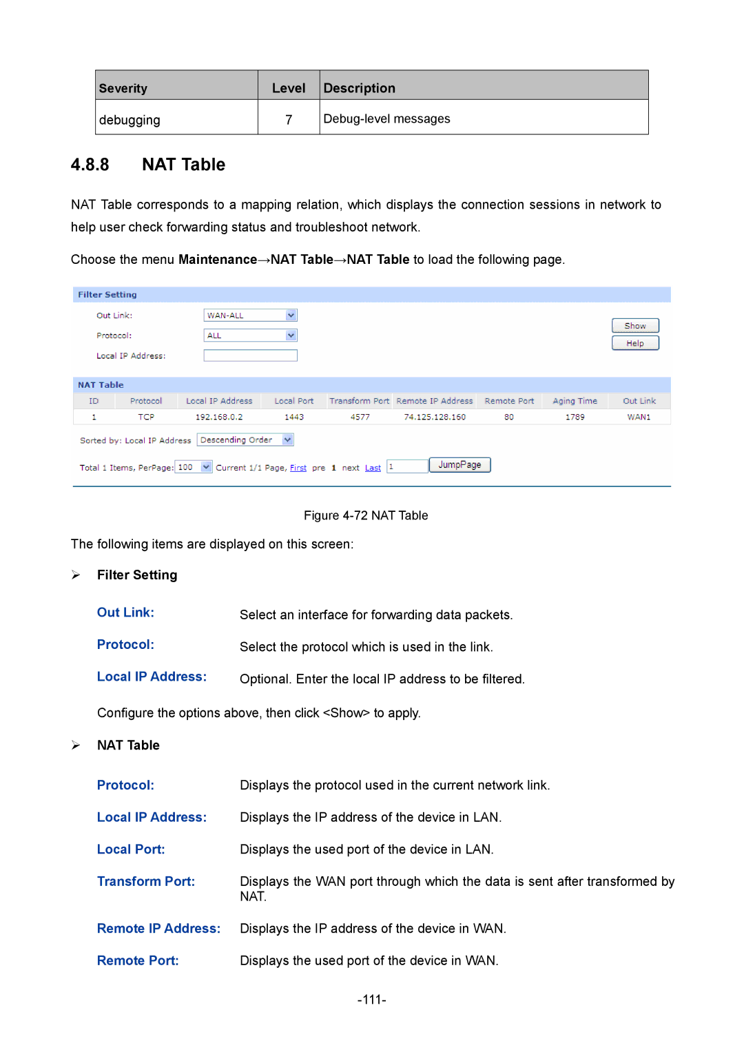 TP-Link TL-R470T+ manual Level Description Debugging,  Filter Setting,  NAT Table 