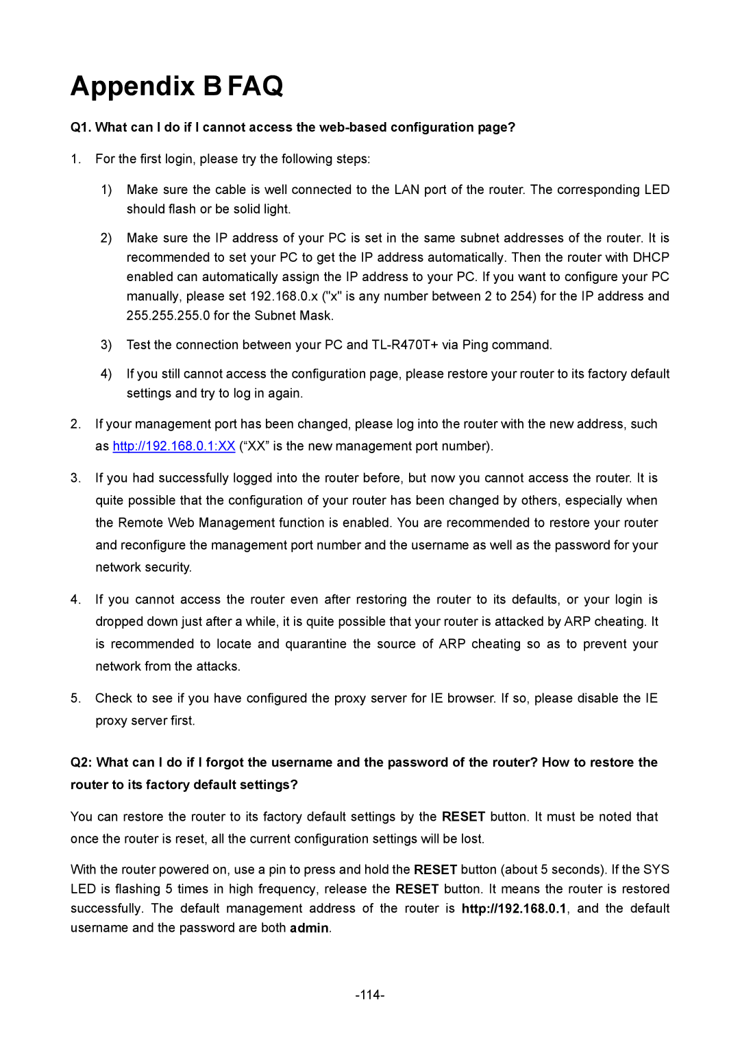 TP-Link TL-R470T+ manual Appendix B FAQ 