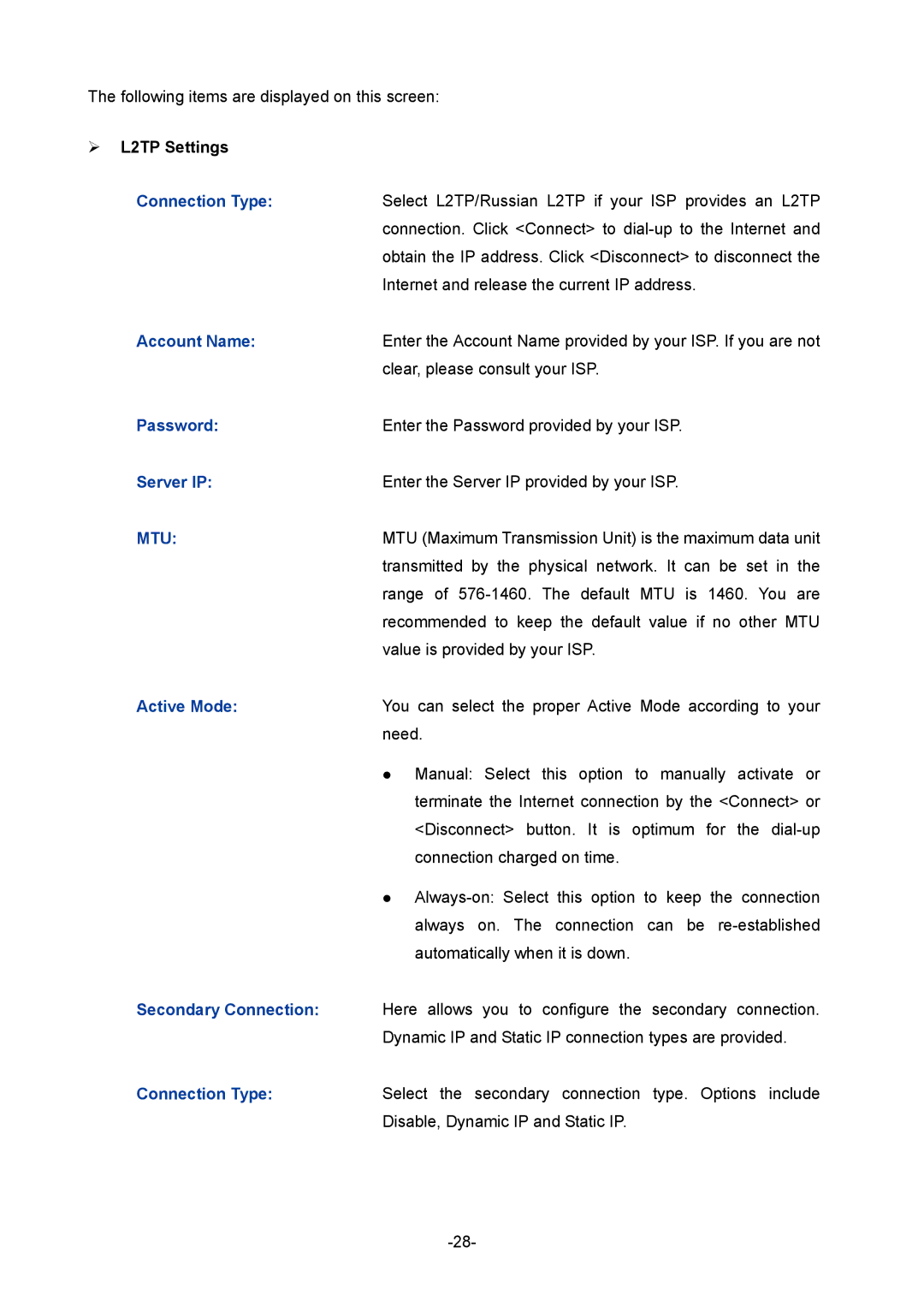 TP-Link TL-R470T+ manual  L2TP Settings, Server IP 