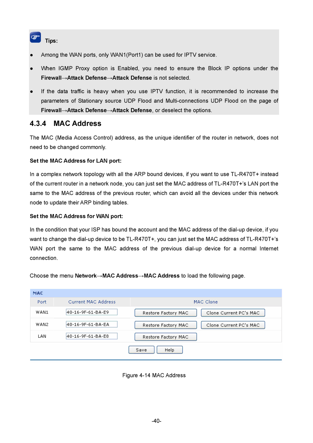 TP-Link TL-R470T+ manual Set the MAC Address for LAN port, Set the MAC Address for WAN port 