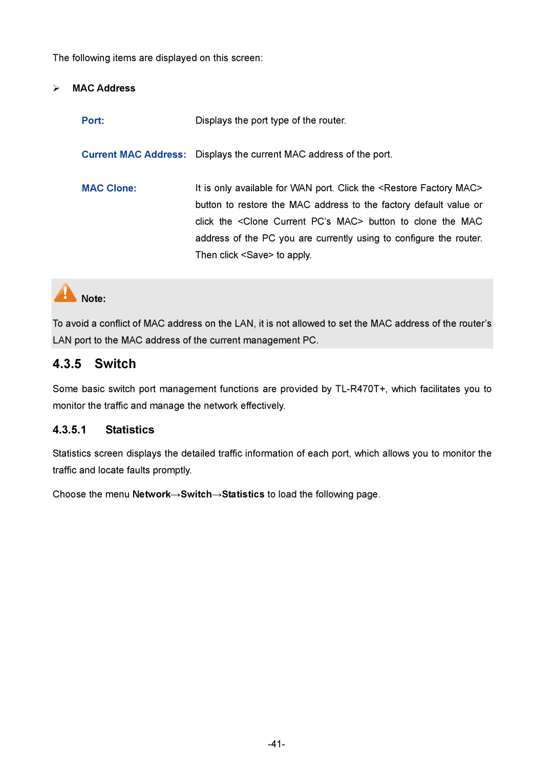 TP-Link TL-R470T+ manual Switch, Statistics,  MAC Address, Port 