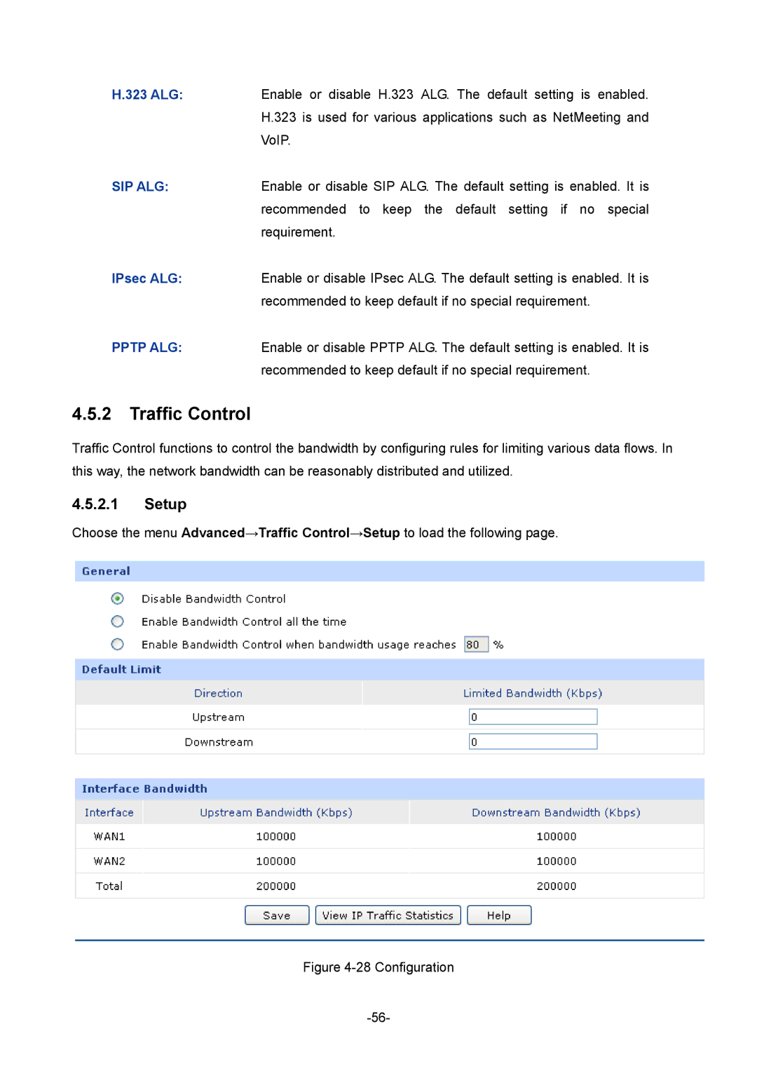 TP-Link TL-R470T+ manual Traffic Control, Setup, 323 ALG, IPsec ALG 