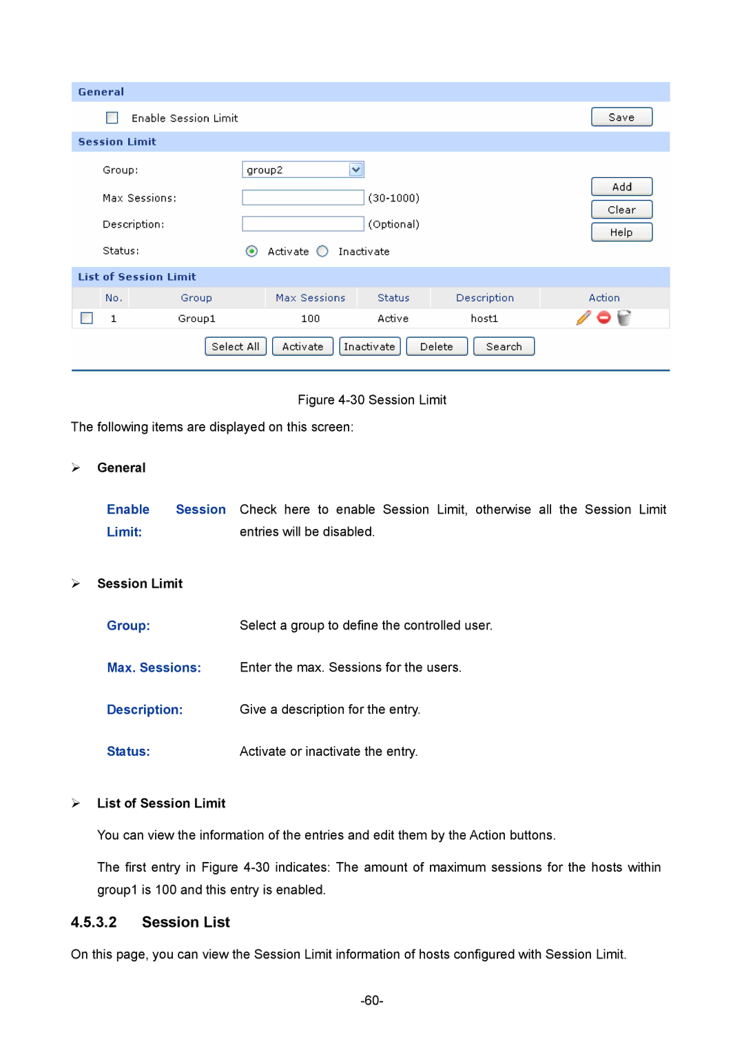 TP-Link TL-R470T+ manual Session List,  Session Limit,  List of Session Limit 