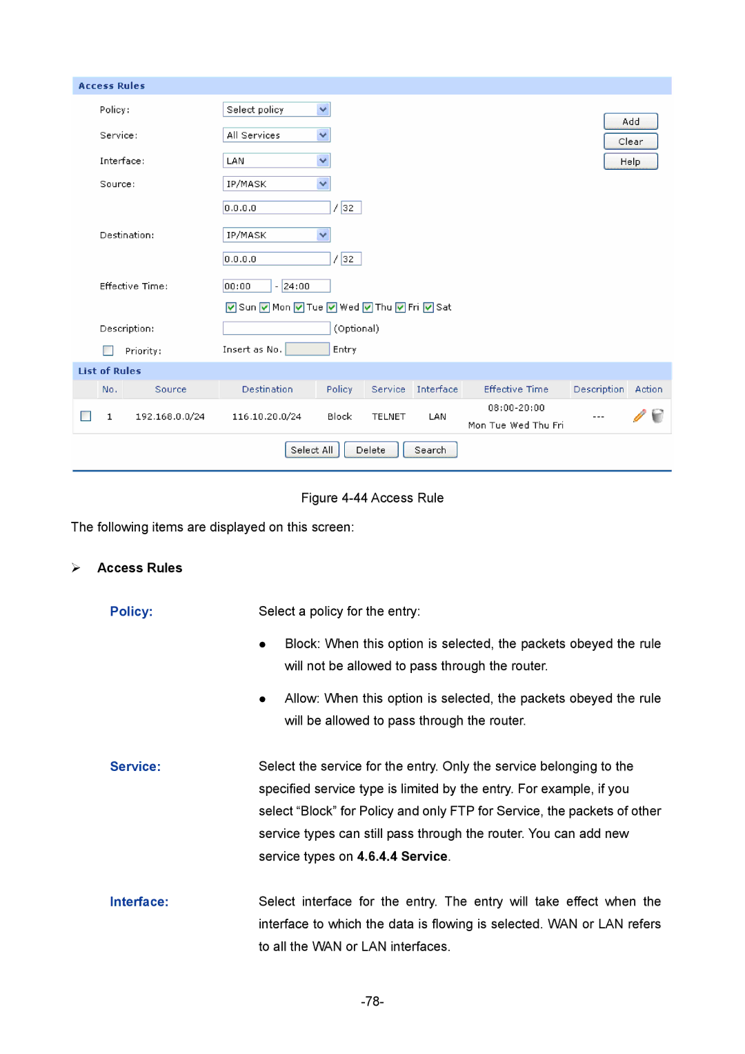 TP-Link TL-R470T+ manual  Access Rules, Policy, Service 