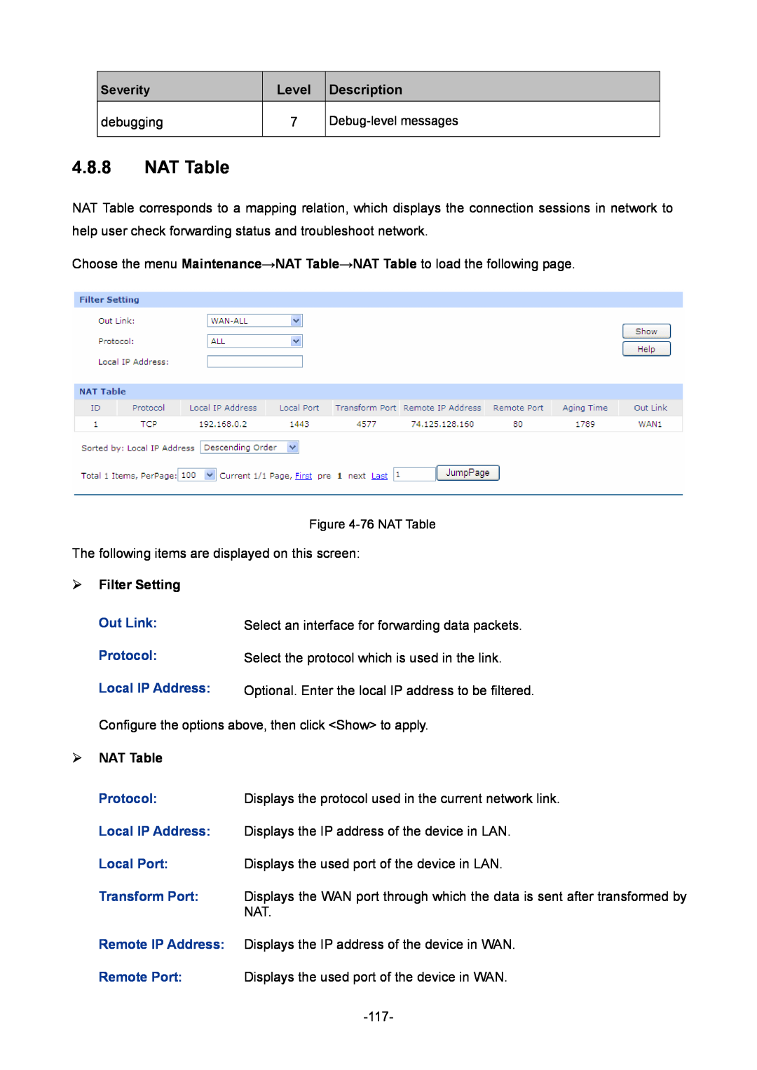 TP-Link TL-R480T+ manual debugging,  Filter Setting,  NAT Table, Level, Description 