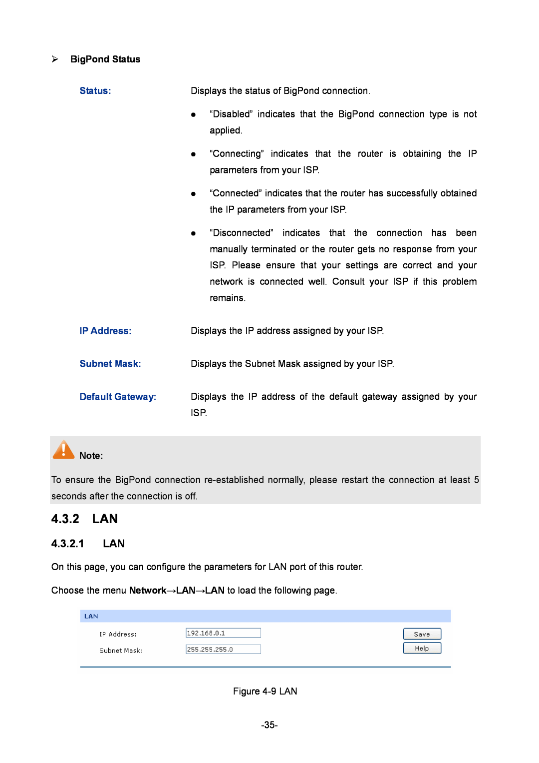 TP-Link TL-R480T+ manual 4.3.2 LAN, 4.3.2.1 LAN,  BigPond Status 