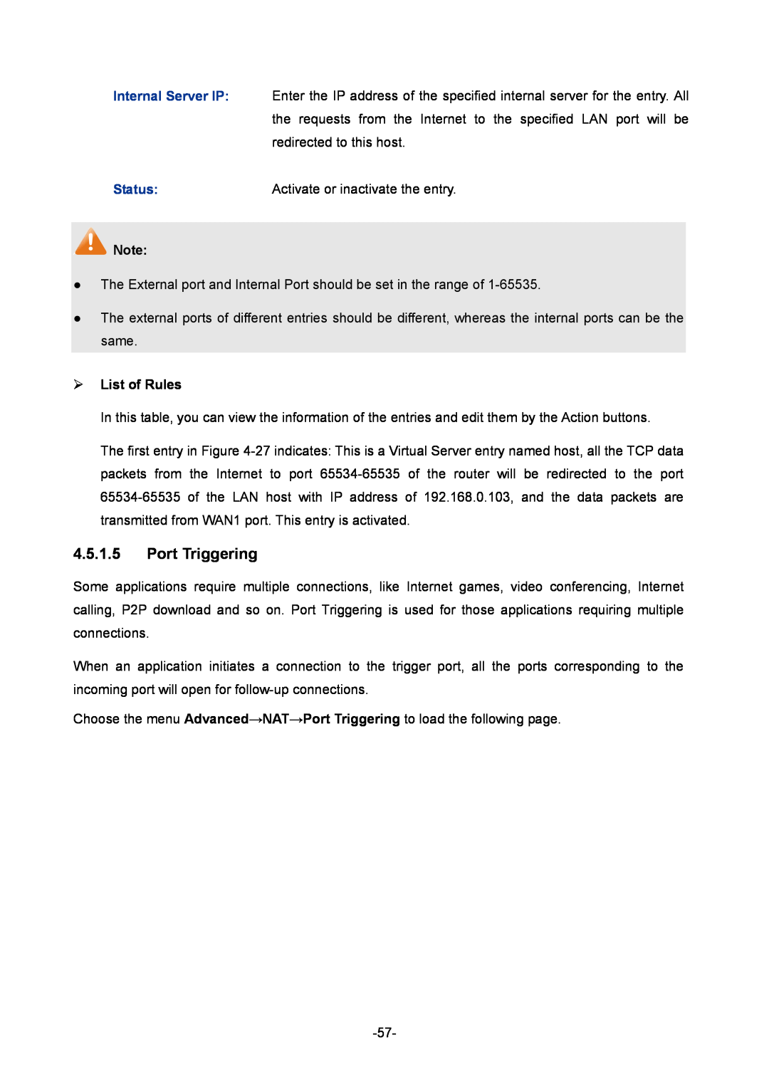 TP-Link TL-R480T+ manual Port Triggering,  List of Rules 