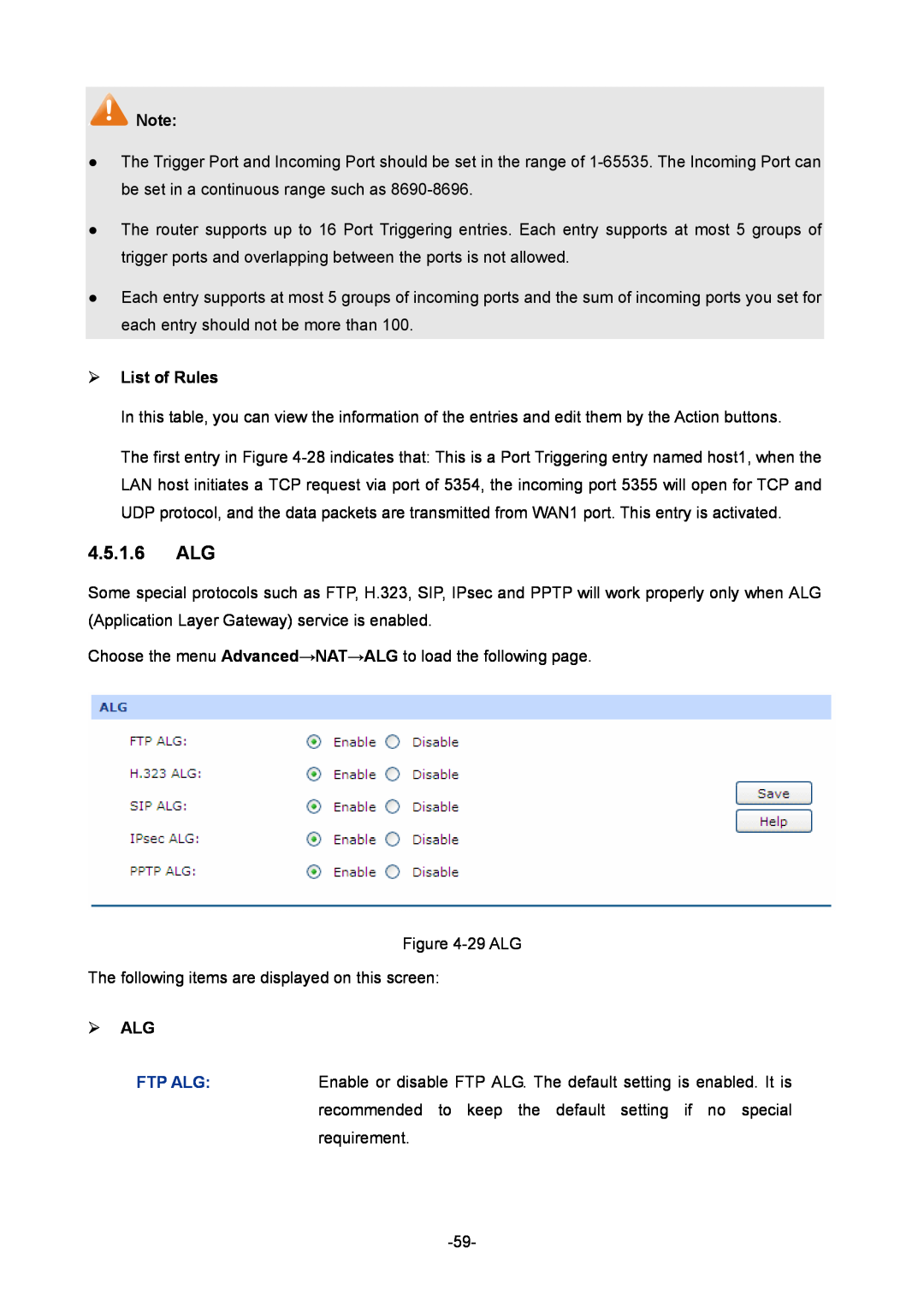 TP-Link TL-R480T+ manual 4.5.1.6 ALG,  Alg,  List of Rules, Ftp Alg 