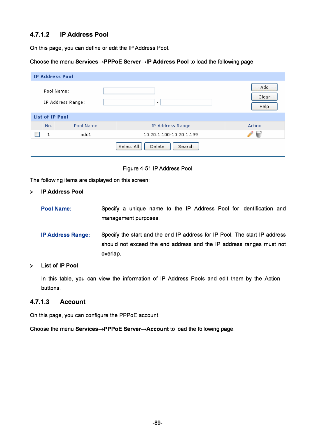 TP-Link TL-R480T+ manual Account,  IP Address Pool,  List of IP Pool 