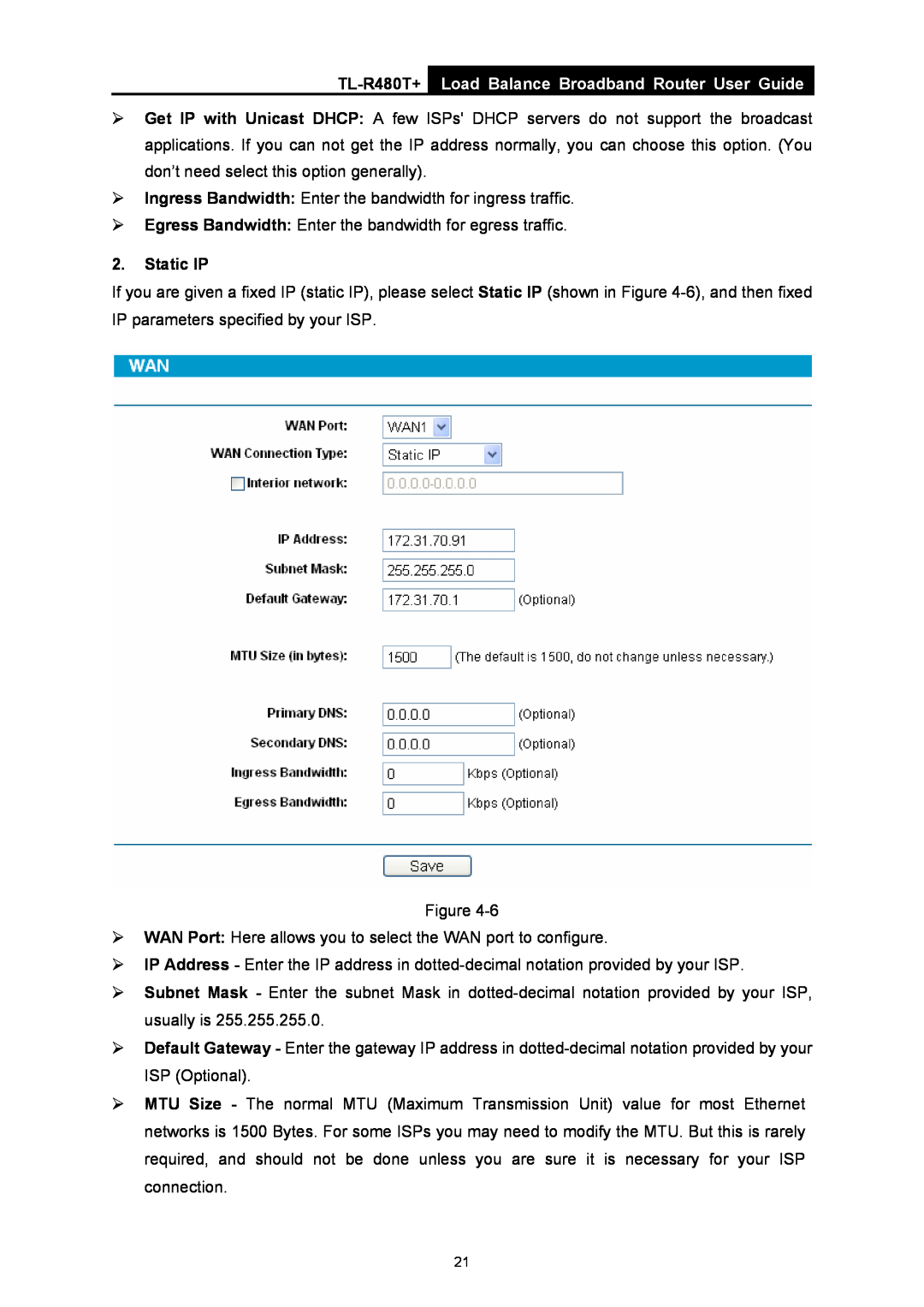 TP-Link TL-R480T+ manual Load Balance Broadband Router User Guide, Static IP 