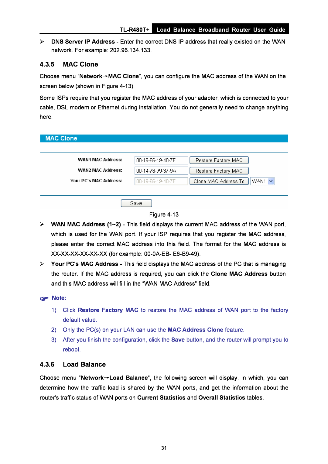 TP-Link TL-R480T+ manual MAC Clone, Load Balance Broadband Router User Guide 