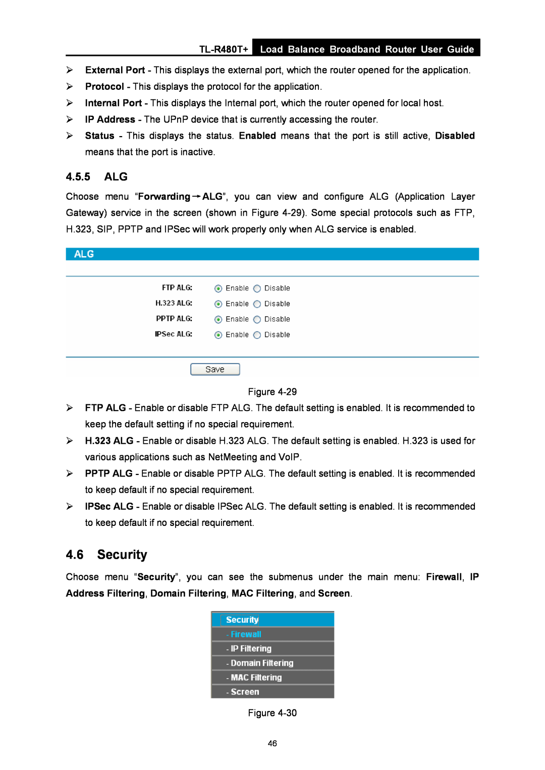 TP-Link TL-R480T+ manual Security, 4.5.5 ALG, Load Balance Broadband Router User Guide 
