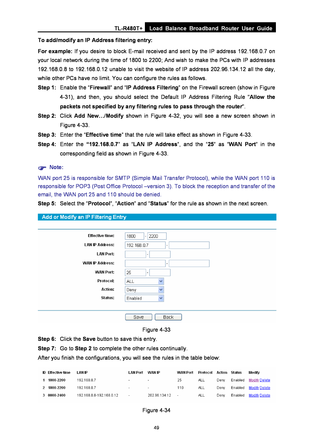 TP-Link TL-R480T+ manual Load Balance Broadband Router User Guide, To add/modify an IP Address filtering entry 