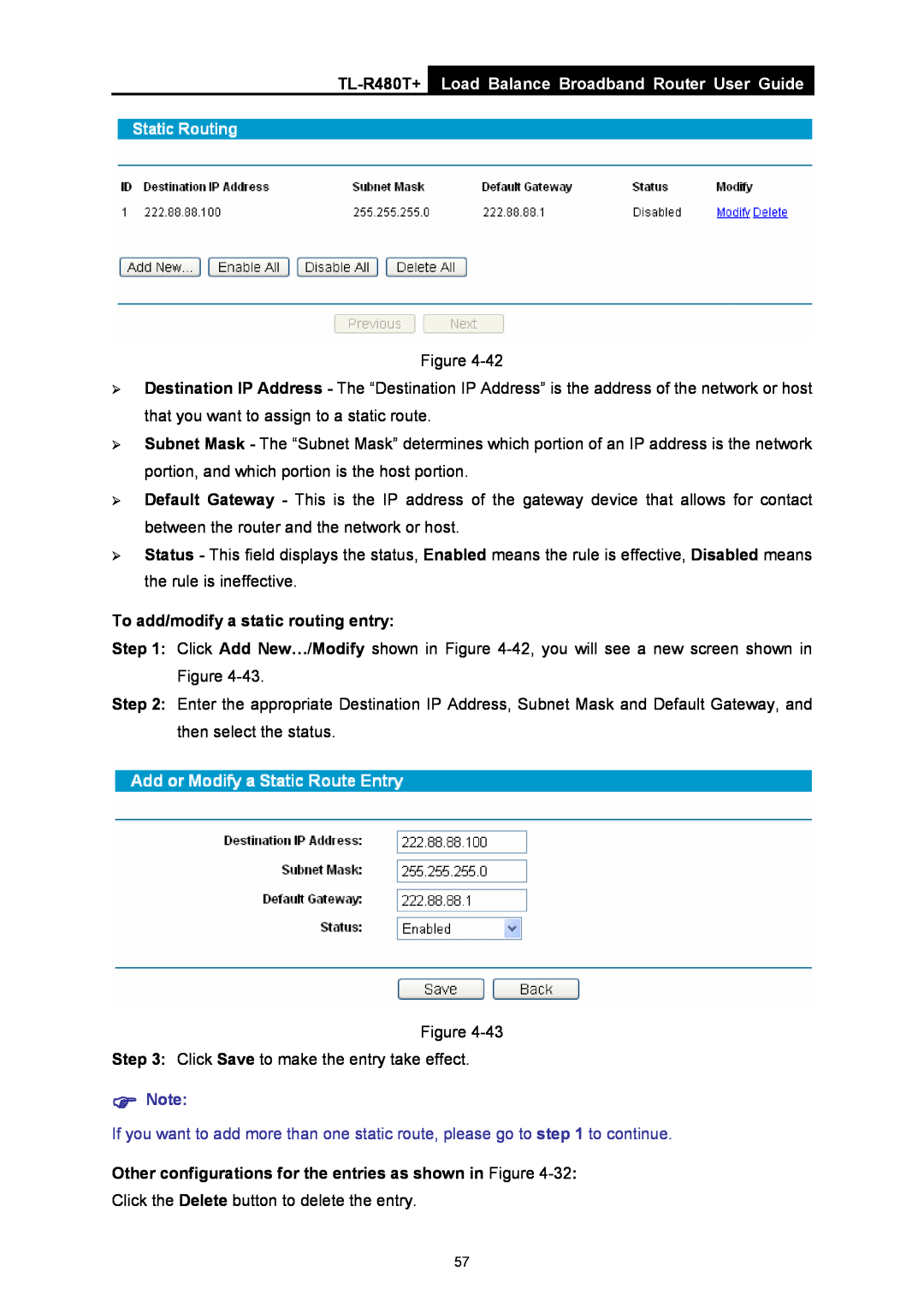 TP-Link TL-R480T+ manual Load Balance Broadband Router User Guide, To add/modify a static routing entry 