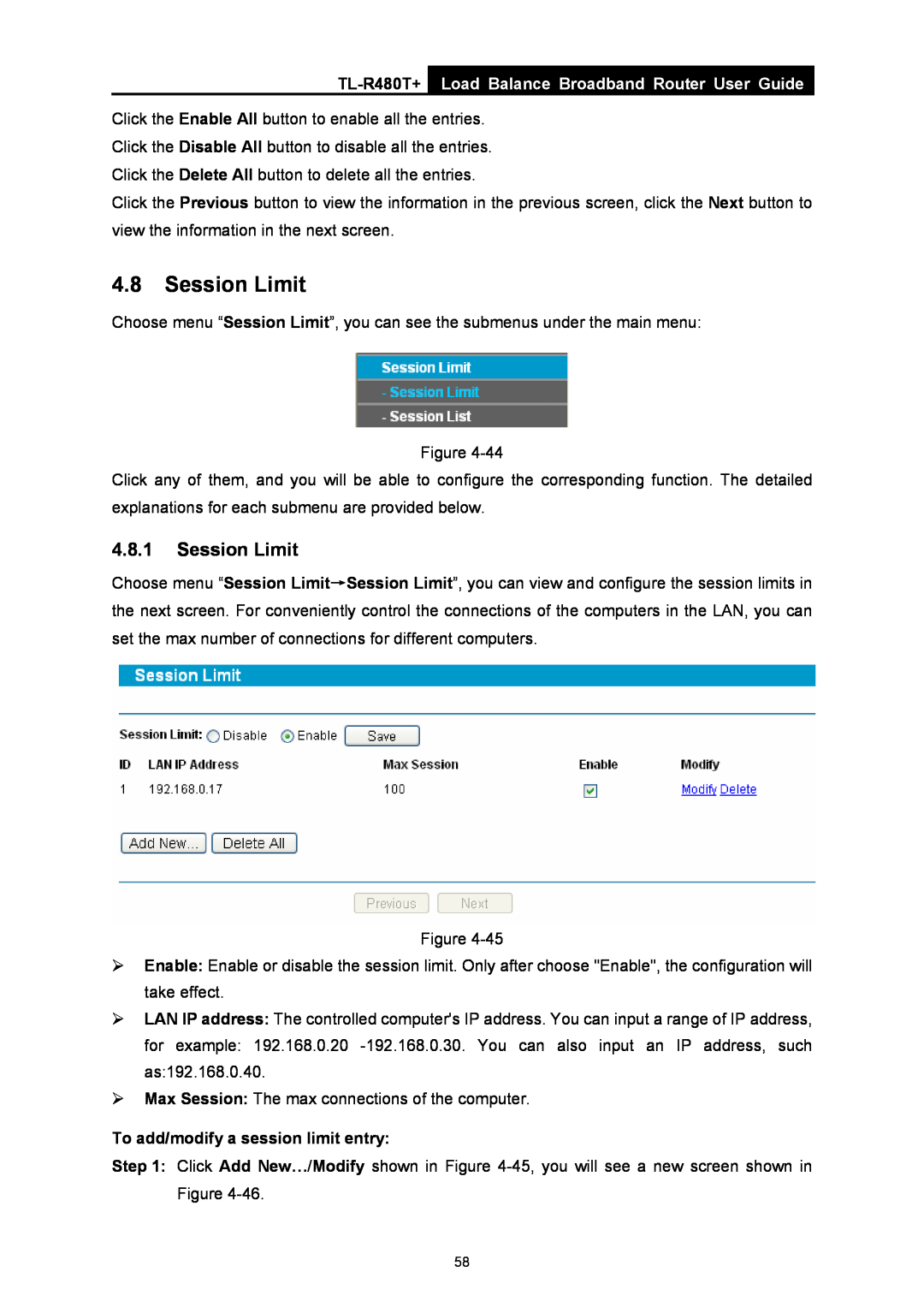 TP-Link TL-R480T+ manual Session Limit, Load Balance Broadband Router User Guide, To add/modify a session limit entry 