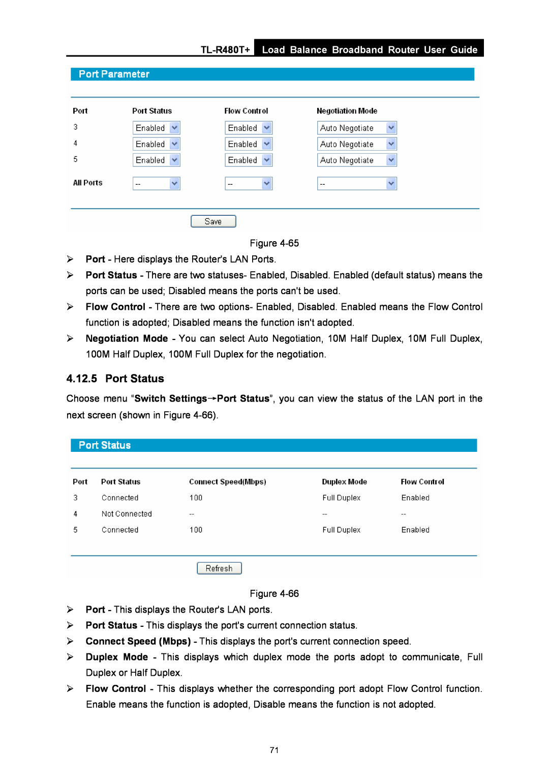 TP-Link TL-R480T+ manual Port Status, Load Balance Broadband Router User Guide 