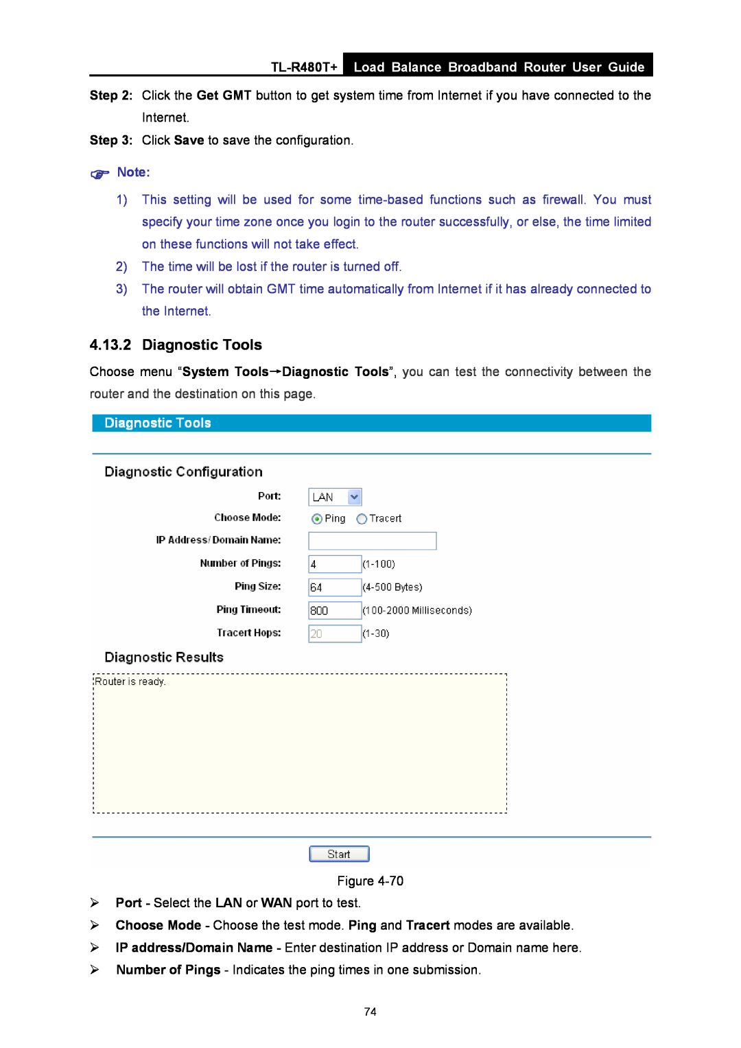 TP-Link TL-R480T+ manual Diagnostic Tools, Load Balance Broadband Router User Guide 