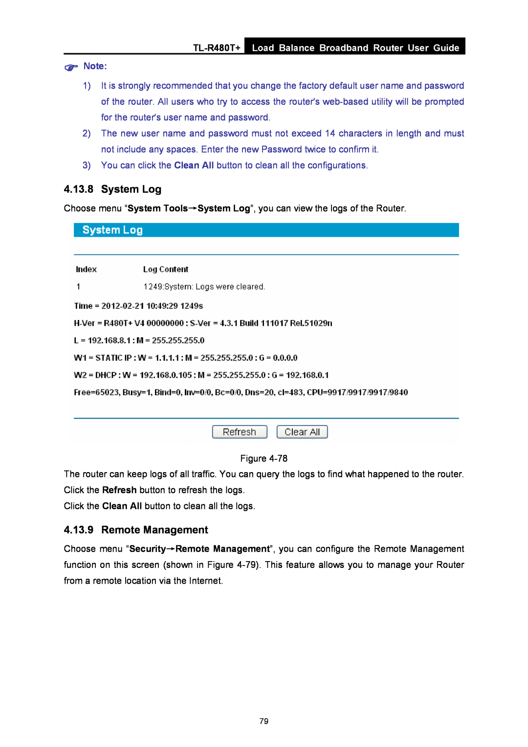 TP-Link TL-R480T+ manual System Log, Remote Management, Load Balance Broadband Router User Guide 