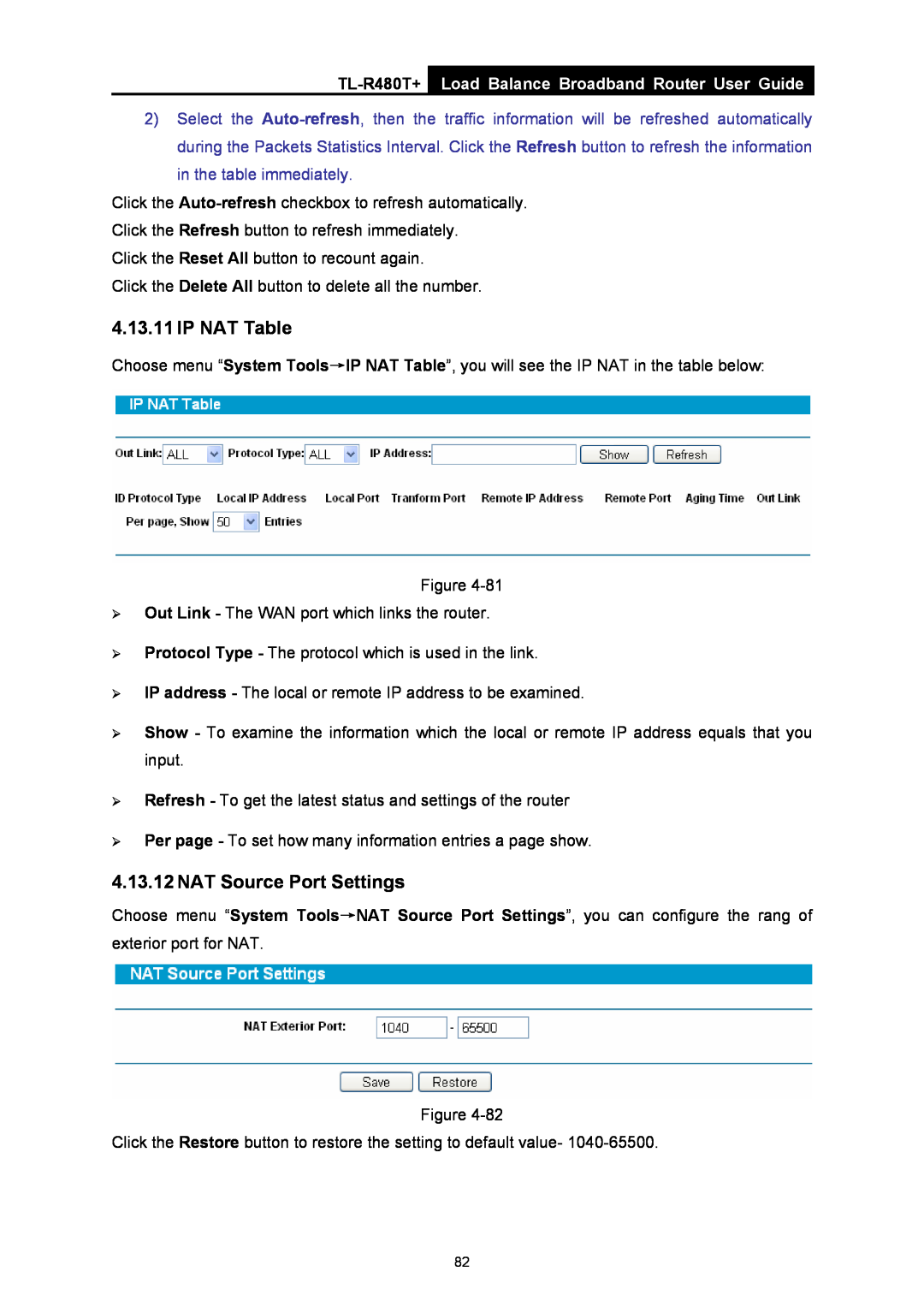 TP-Link TL-R480T+ manual IP NAT Table, NAT Source Port Settings, Load Balance Broadband Router User Guide 