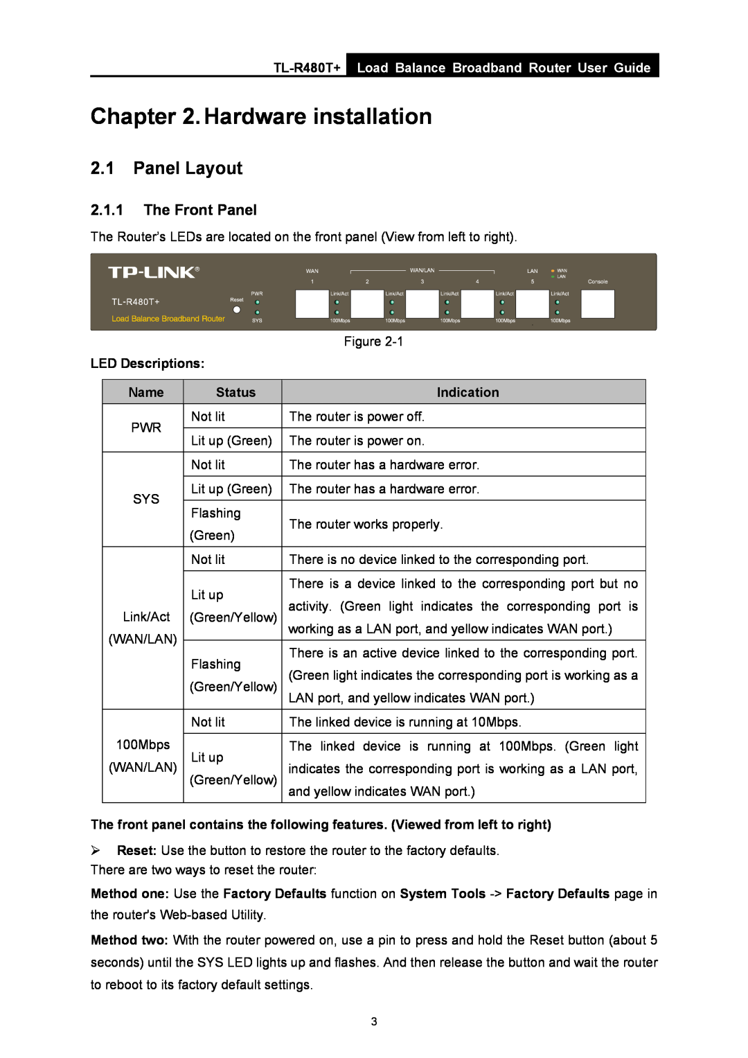 TP-Link TL-R480T+ Hardware installation, Panel Layout, The Front Panel, Load Balance Broadband Router User Guide, Status 