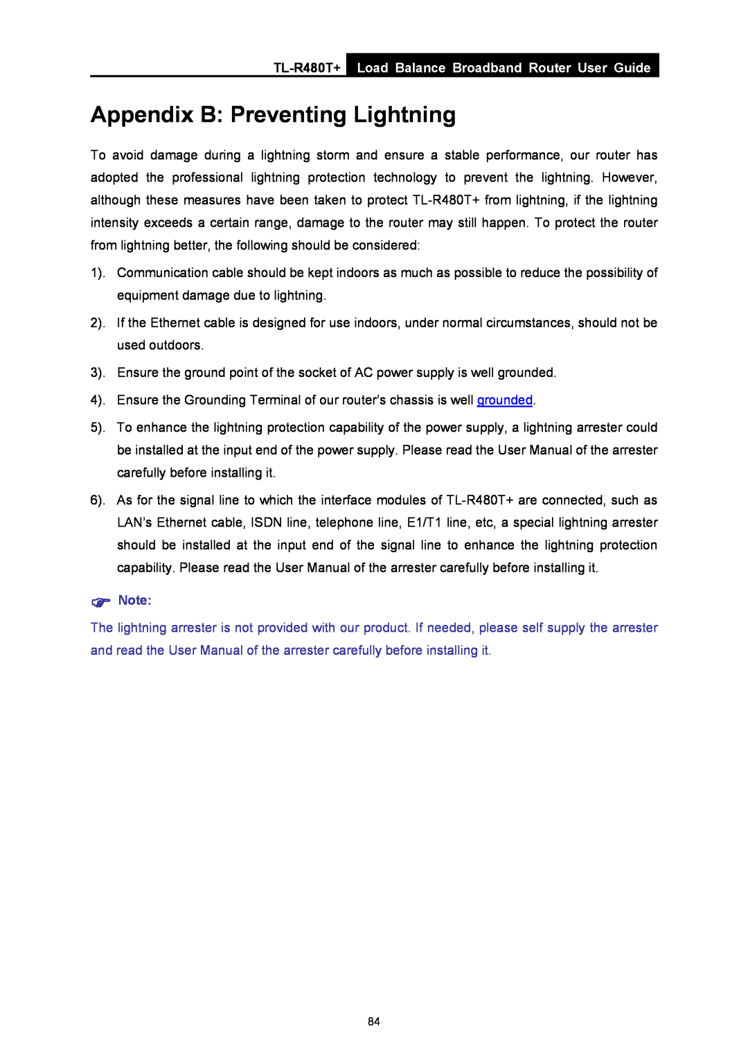 TP-Link TL-R480T+ manual Appendix B Preventing Lightning, Load Balance Broadband Router User Guide 