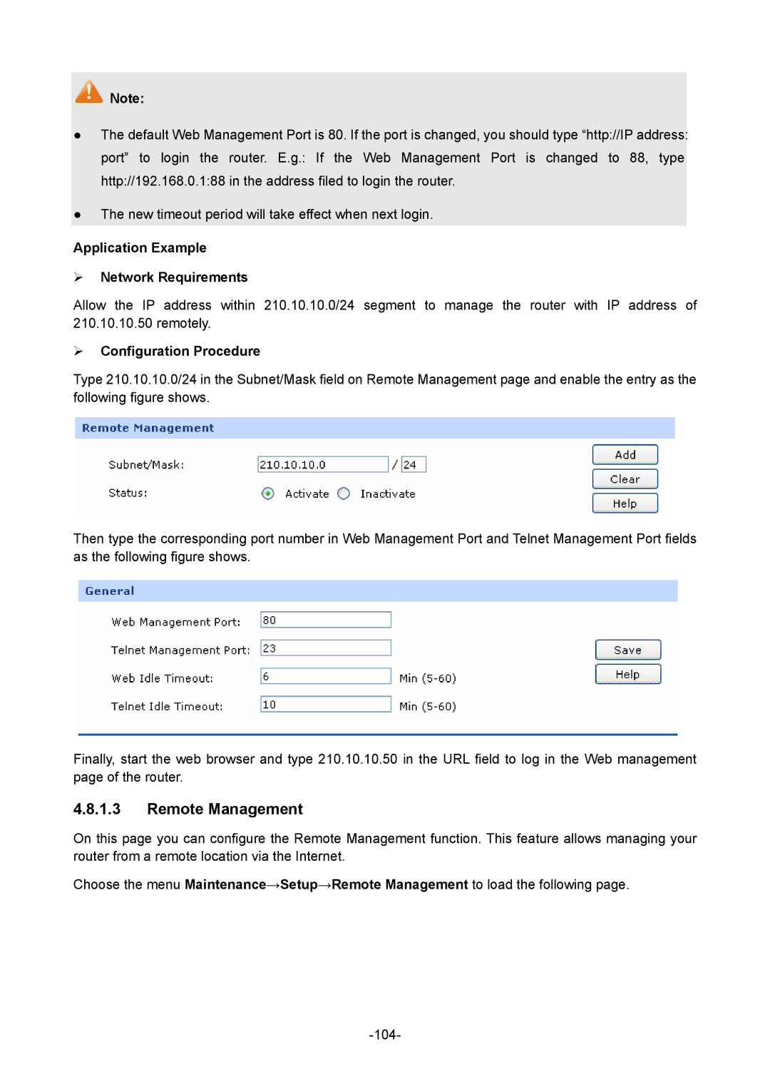 TP-Link TL-R480T+ manual Remote Management, Application Example  Network Requirements 