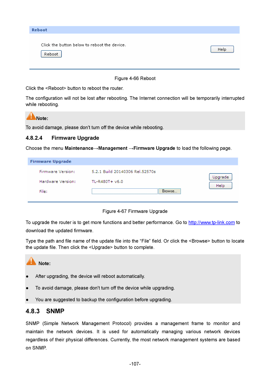 TP-Link TL-R480T+ manual Snmp, Firmware Upgrade 