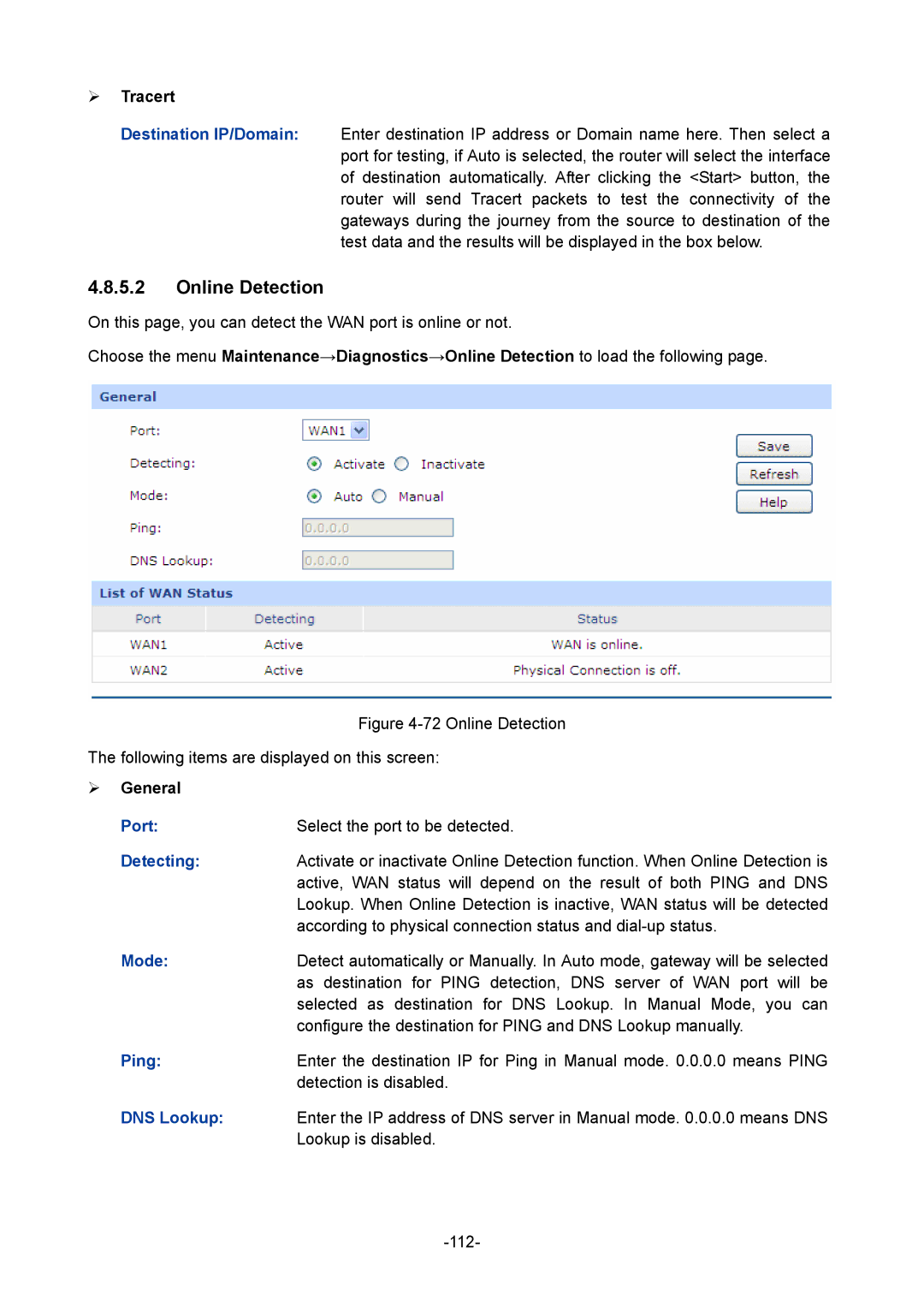 TP-Link TL-R480T+ manual Online Detection,  Tracert, Detecting, Ping, DNS Lookup 